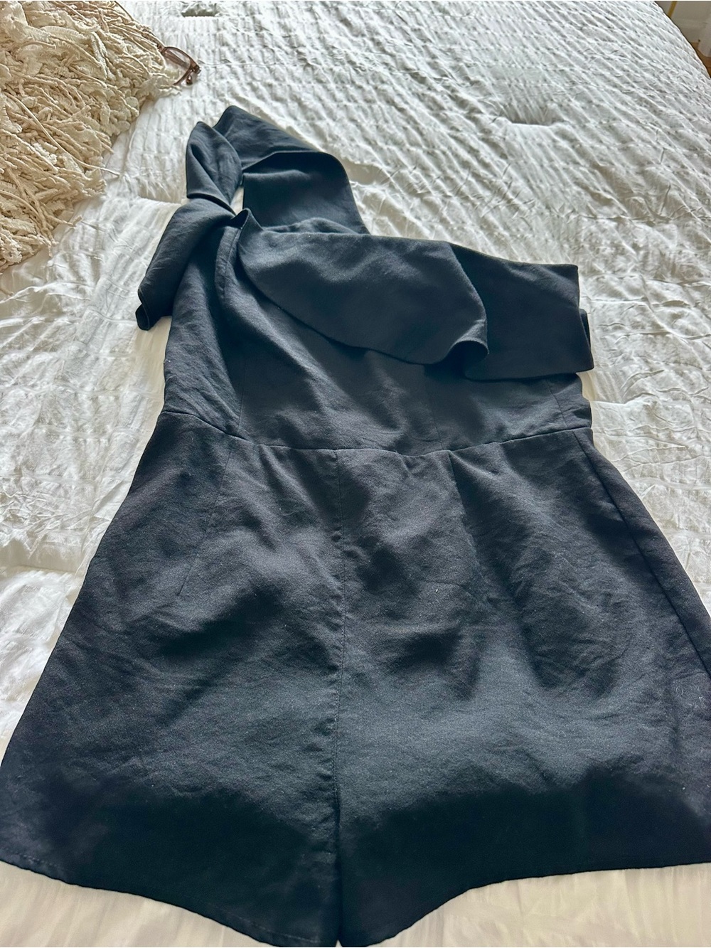 Lulu's Black One-Shoulder Romper with Draped Sleeve